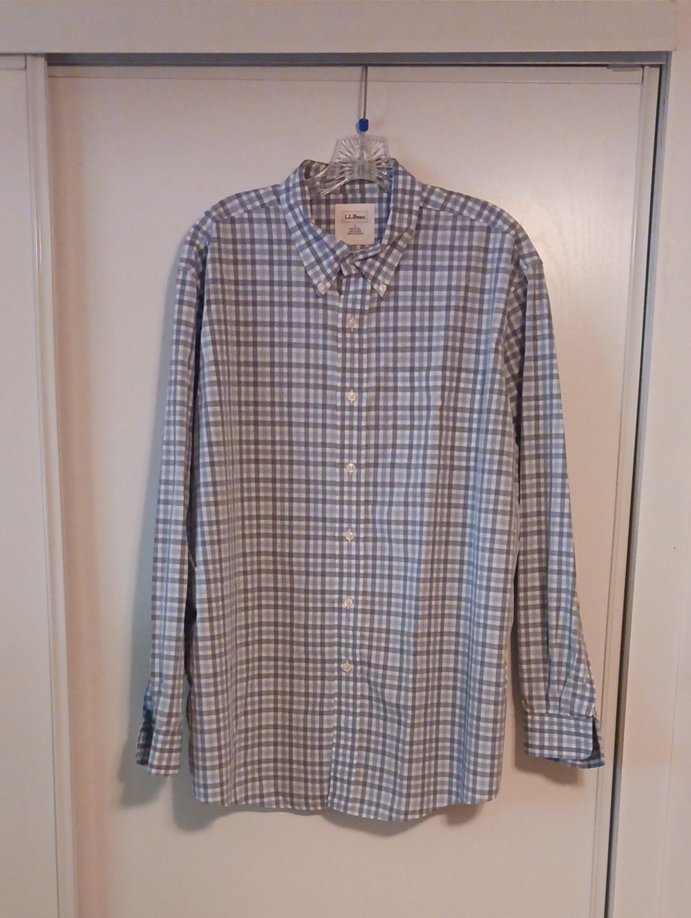L.L. Bean Men’s Light Blue and White Check Button-Down Shirt